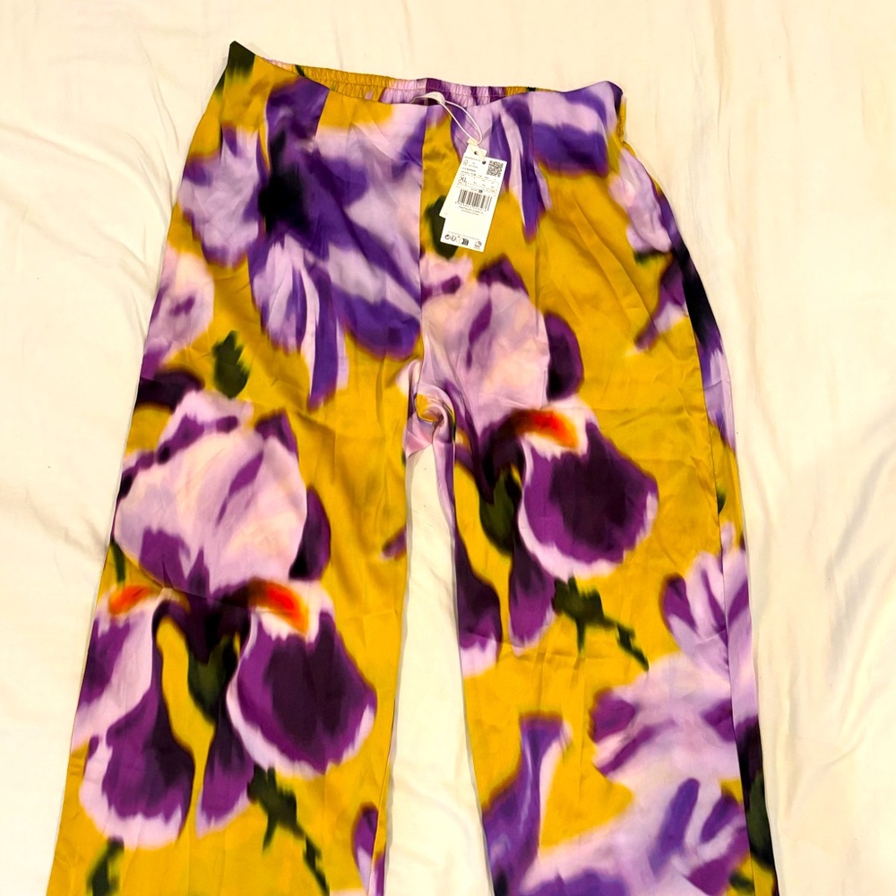 Mango Wide-Leg Floral Pants in Mustard Yellow & Purple
